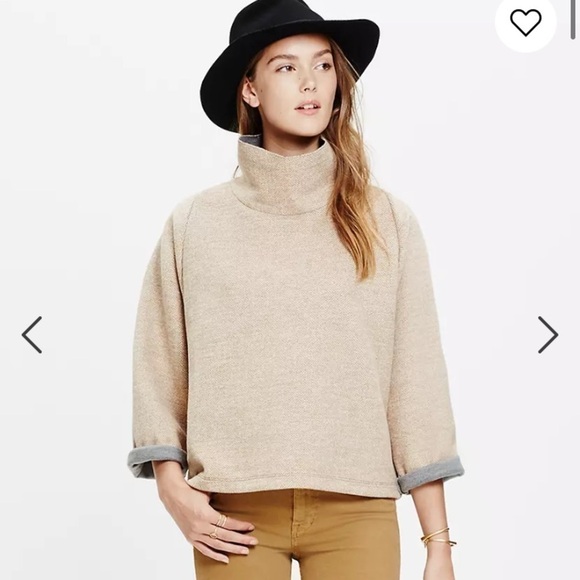 Madewell Sweater Herringbone Mockneck Sweatshirt Brown Cream Jersey Boxy Sz XS - Picture 1 of 10